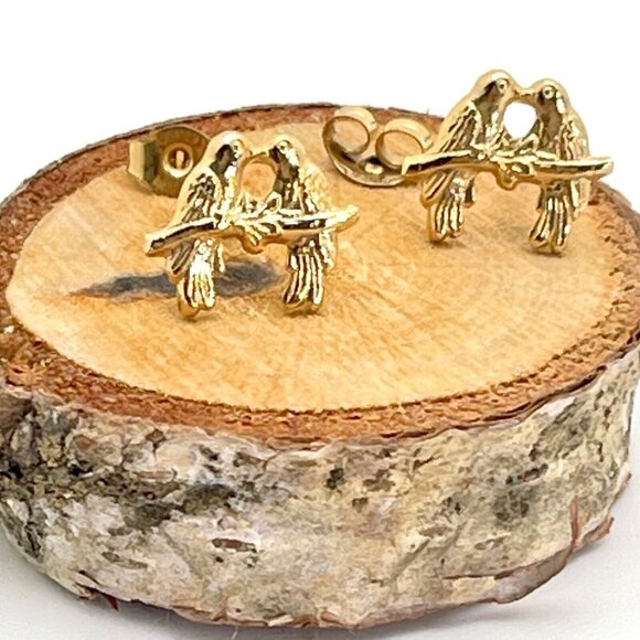 Vtg  Earrings 14K GF Post 12K Gold Fill Love Birds Retro Design Pierced Gift 3 - Picture 5 of 9